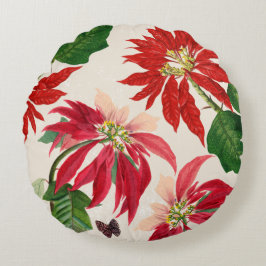 Rote Wasserfarbe Poinsettia Blumengrün Rundes Kissen