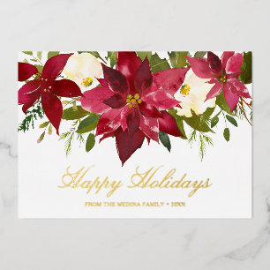 Rote Wasserfarbe-Poinsettie-Floral-elegantes Weihn Folien Feiertagskarte