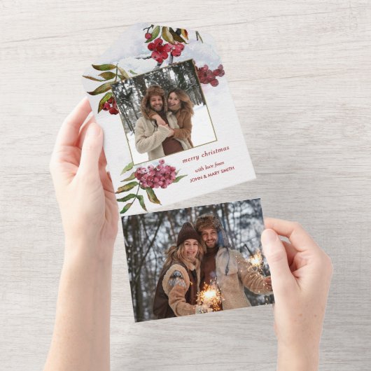 Rote Wasserfarbe Winterbrände im Schnee Foto All In One Einladung (Abreißen)