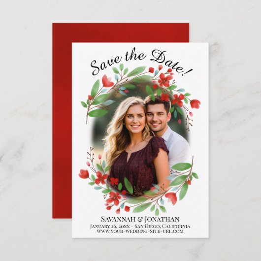 Rote Wasserfarben Blüten & Grüne Hochzeit Save The Date (Vorne/Hinten)