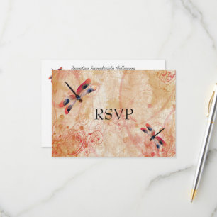 Rote Wasserfarben-Libellen-Hochzeitsempfang-RSVP RSVP Karte