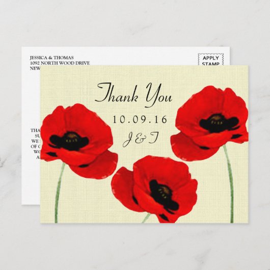 Rote Wasserfarben-Poppies Hochzeitskollektion Postkarte (Vorne/Hinten)