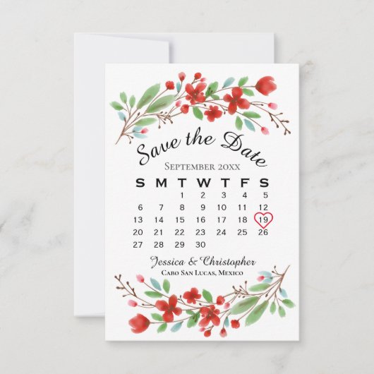 Rote Wasserfarbenblüten Hochzeitskalender Save The Date (Vorderseite)