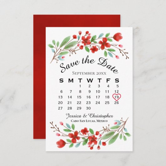 Rote Wasserfarbenblüten Hochzeitskalender Save The Date (Vorne/Hinten)