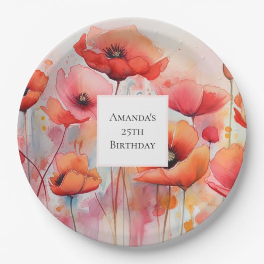 Rote Wasserfarbenpflücke in einem Feld zum Geburts Pappteller (Vorderseite)