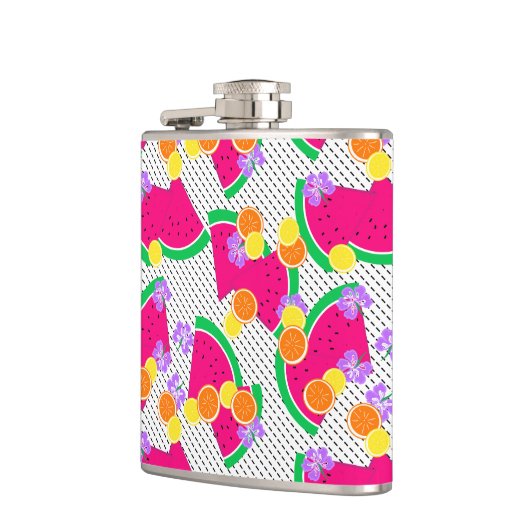 Rote Wassermelone Gelbe Zitronen Tropisch auf Weiß Flachmann (Links)