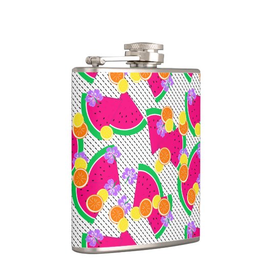 Rote Wassermelone Gelbe Zitronen Tropisch auf Weiß Flachmann (Rechts)