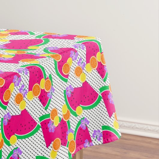 Rote Wassermelone Gelbe Zitronen Tropisch auf weiß Tischdecke (Beispiel)