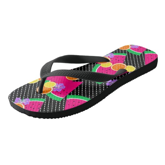 Rote Wassermelone Gelbe Zitronen Tropisch Badesandalen (Schrägansicht)