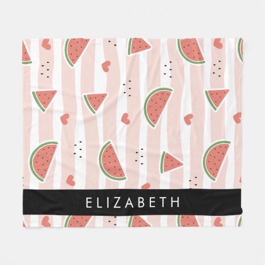 Rote Wassermelonen, Herz, Streifen, Ihr Name Fleecedecke (Vorderseite (Horizontal))