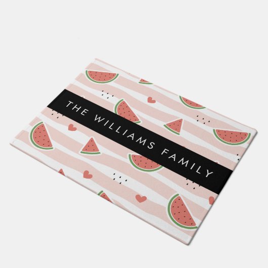 Rote Wassermelonen, Herz, Streifen, Ihr Name Fußmatte (Schrägansicht)