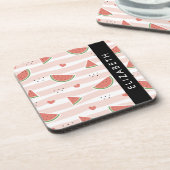 Rote Wassermelonen, Herz, Streifen, Ihr Name Getränkeuntersetzer (Linke Seite)