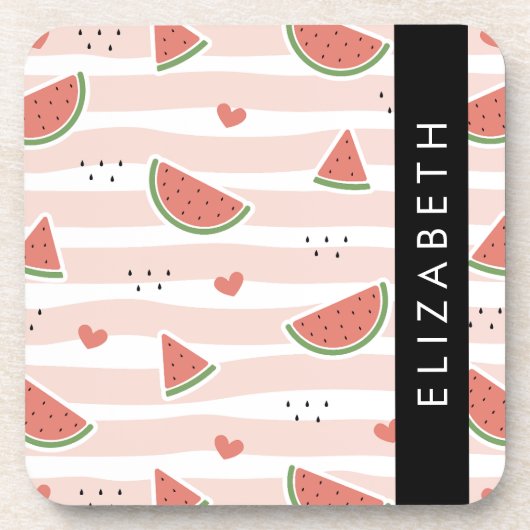 Rote Wassermelonen, Herz, Streifen, Ihr Name Getränkeuntersetzer (Vorderseite)