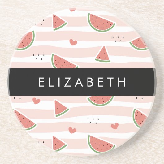 Rote Wassermelonen, Herz, Streifen, Ihr Name Getränkeuntersetzer (Vorne)