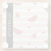 Rote Wassermelonen, Herz, Streifen, Ihr Name Glasuntersetzer (Rückseite)