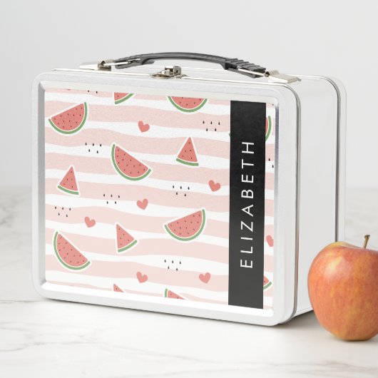 Rote Wassermelonen, Herz, Streifen, Ihr Name Metall Brotdose (Beispiel)