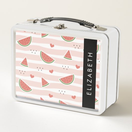 Rote Wassermelonen, Herz, Streifen, Ihr Name Metall Brotdose (Vorderseite)