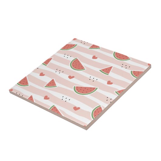 Rote Wassermelonen, Herz, Streifen, Sommermuster Fliese (Seite)