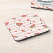 Rote Wassermelonen, Herz, Streifen, Sommermuster Getränkeuntersetzer (Linke Seite)