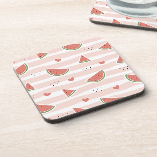 Rote Wassermelonen, Herz, Streifen, Sommermuster Getränkeuntersetzer (Linke Seite)