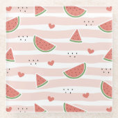 Rote Wassermelonen, Herz, Streifen, Sommermuster Glasuntersetzer (Vorderseite)