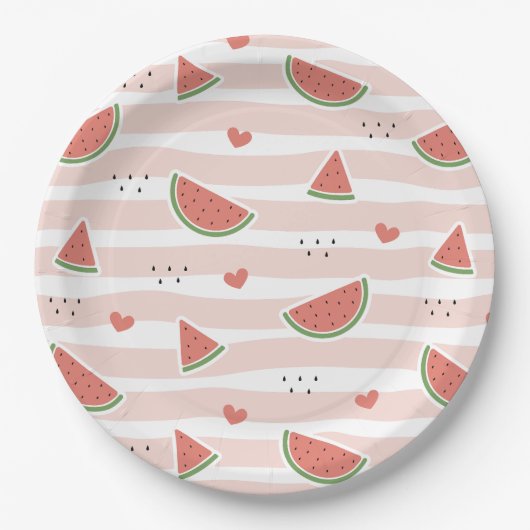 Rote Wassermelonen, Herz, Streifen, Sommermuster Pappteller (Vorderseite)