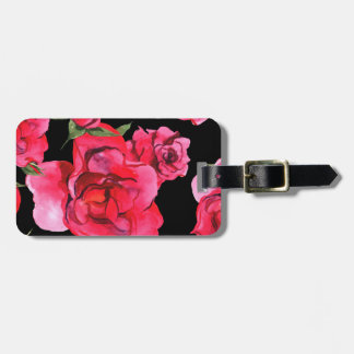 Rote Watercolor-Rosen und Grün auf Schwarzem Gepäckanhänger