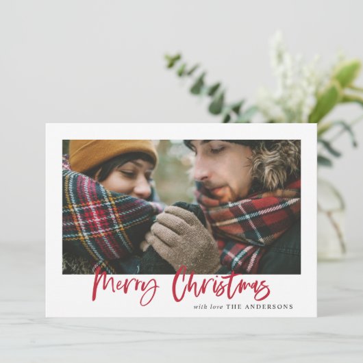 Rote Weihnachten karierte Fotokarte (Stehend Vorderseite)