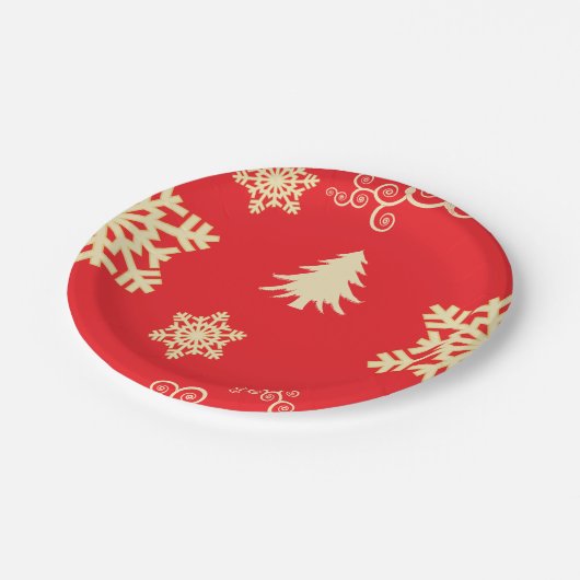 Rote Weihnachten mit Schneeflocken Pappteller (Schrägansicht)