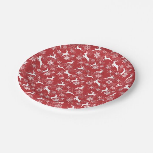 Rote Weihnachts-Schneeflocken-Hirsch-Muster Pappteller (Schrägansicht)