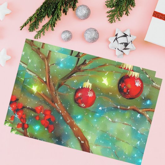 Rote Weihnachtsbaumchen und leuchtende Lichter Seidenpapier