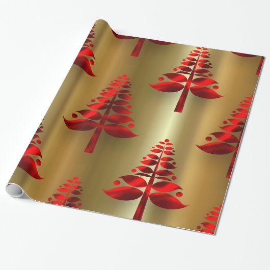 Rote Weihnachtsbaumen auf Gold Geschenkpapier (Ungerollt)