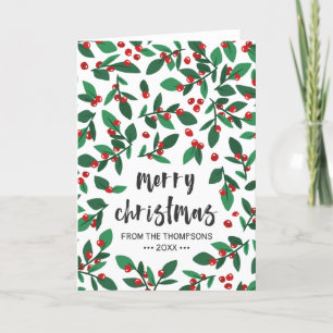 Rote Weihnachtsbeeren Pinsel Schrift Frohe Weihnac Feiertagskarte