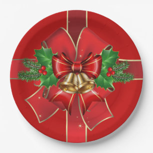 Rote Weihnachtsbows Glocken Holly Holiday Paper Pl Pappteller