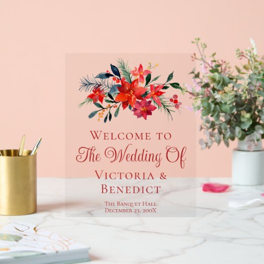 Rote Weihnachtsfeier Poinsettia Blumenhochzeit Wil Acrylschild (Hochzeit)