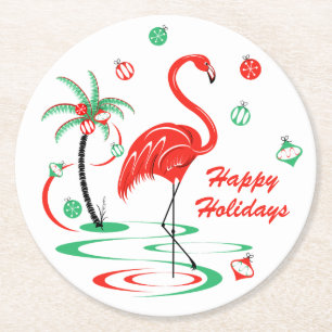 Rote Weihnachtsflamingo-Flitter-Feiertage rund Runder Pappuntersetzer