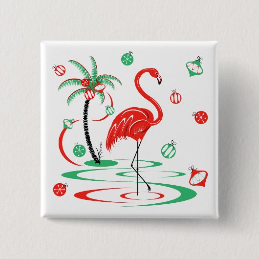 Rote Weihnachtsflamingo-Kugeln quadratisch Button (Vorderseite)