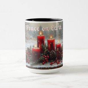 Rote Weihnachtskerzen Tannenzapfen Friede auf Erde Tasse