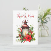 Rote Weihnachtslattern Poinsettia und Kiefer Dankeskarte (Stehend Vorderseite)