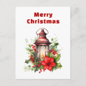 Rote Weihnachtslattern Poinsettia und Kiefer Feiertagspostkarte (Vorderseite)