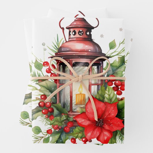 Rote Weihnachtslattern Poinsettia und Kiefer Geschenkpapier Set (Beispiel)