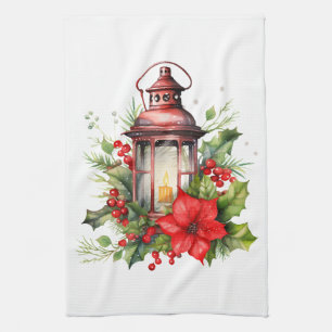 Rote Weihnachtslattern Poinsettia und Kiefer Geschirrtuch