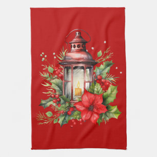 Rote Weihnachtslattern Poinsettia und Kiefer Geschirrtuch