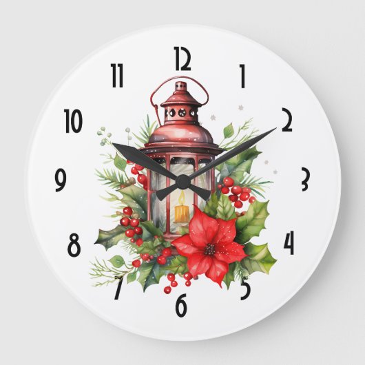Rote Weihnachtslattern Poinsettia und Kiefer Große Wanduhr (Vorderseite)