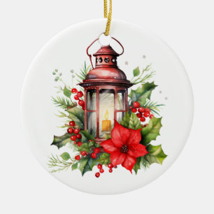 Rote Weihnachtslattern Poinsettia und Kiefer Keramik Ornament