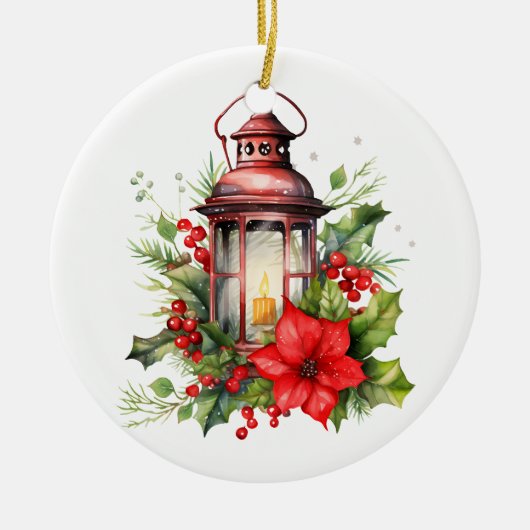 Rote Weihnachtslattern Poinsettia und Kiefer Keramik Ornament (Vorne)