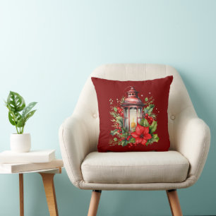 Rote Weihnachtslattern Poinsettia und Kiefer Kissen