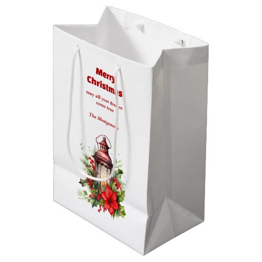 Rote Weihnachtslattern Poinsettia und Kiefer Mittlere Geschenktüte (Vorderseite Schrägansicht)