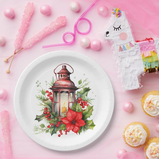 Rote Weihnachtslattern Poinsettia und Kiefer Pappteller (Party)