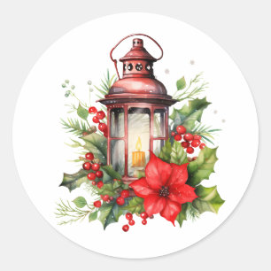 Rote Weihnachtslattern Poinsettia und Kiefer Runder Aufkleber